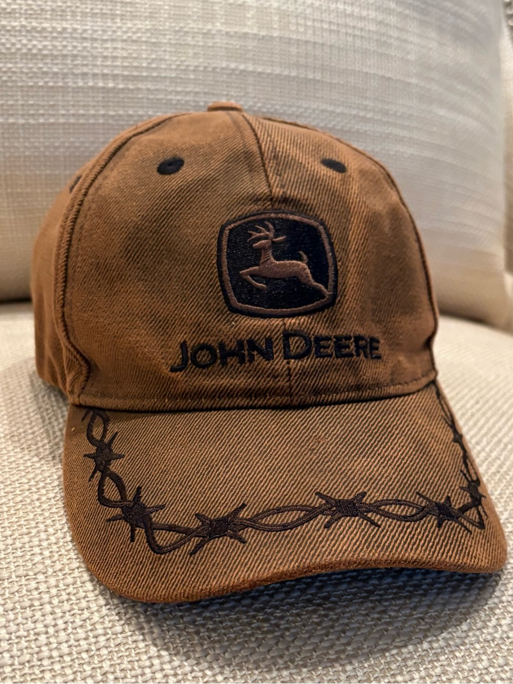 John Deere Waxed Stonewashed Tan Hat w Brown Embroidery/ Adjustable Closure